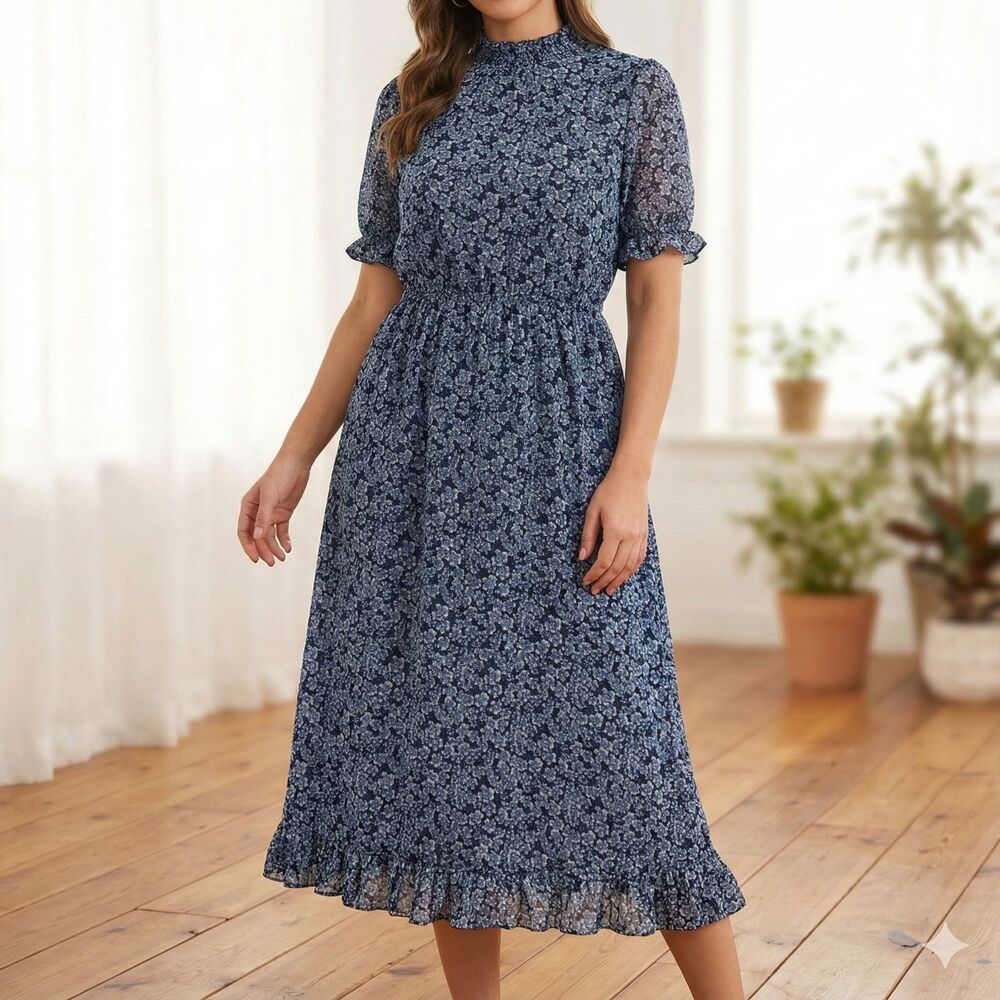 Hayden Blue Floral Midi Dress Womens Size Medium NWT H8196